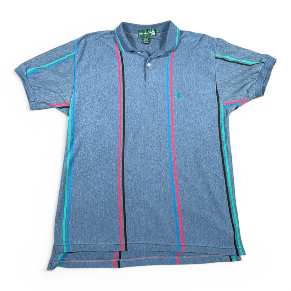 Vintage Knights of Round Table Polo Shirt Adult MEDIUM Blue Green Pink Stripes